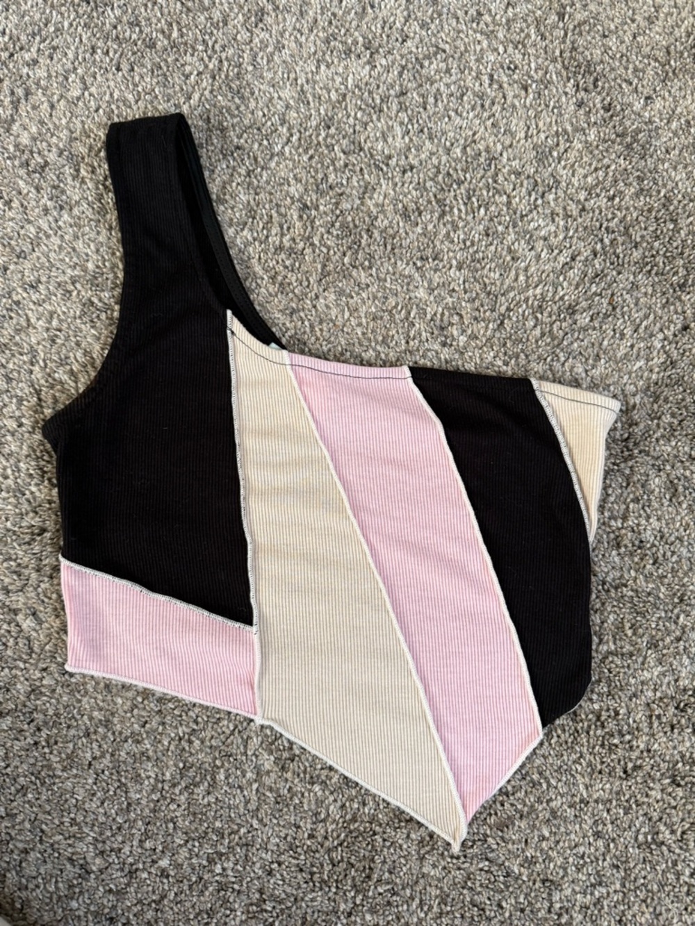 Stellah One-Shoulder Colorblock Crop Top - Black, Pink & Cream